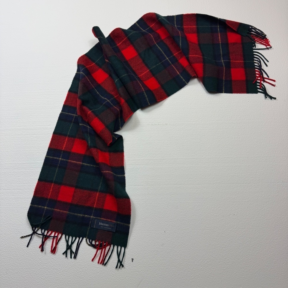 Johnstons of Elgin Cashmere Scarf Scotland Red Blue Plaid Fringe Retail $510